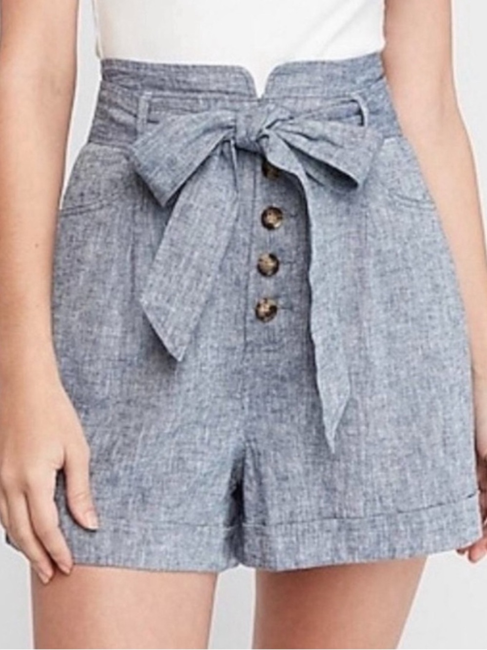 Express High-Waist Tie-Front Women’s Linen Shorts in Chambray Blue